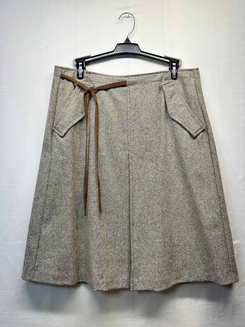 United Colors Of Benetton Neutral Wool Blend Tweef A-Line Skirt with Brown Tie